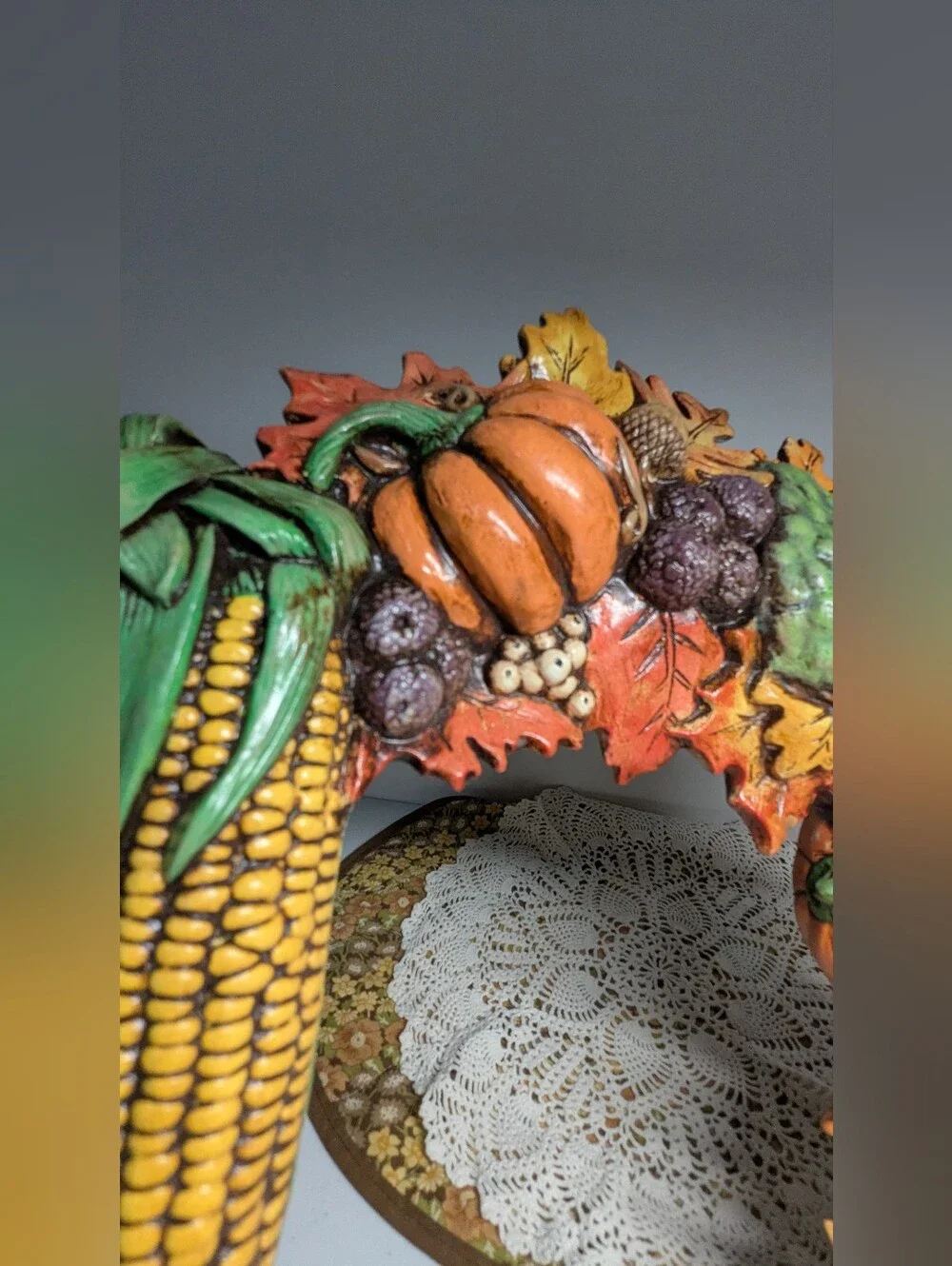 Vintage Ceramic Wreath Fall Decoration Autumn Colors Leaves Pumpkins Corn